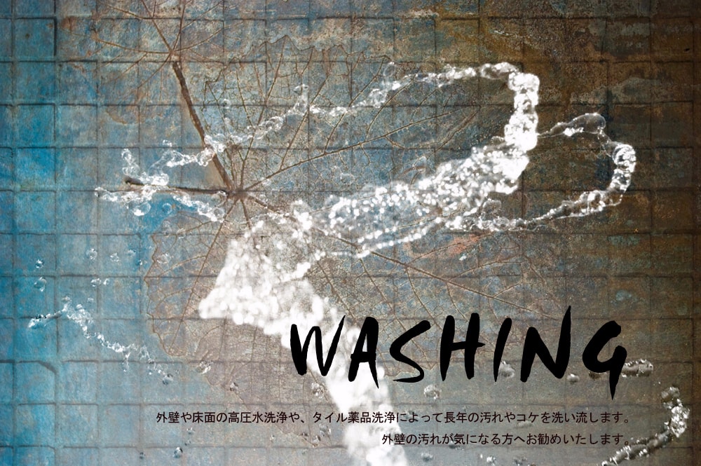 壁面や床面の高圧水洗浄や、タイル薬品洗浄によって長年の汚れやコケを洗い流します。